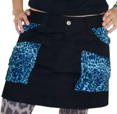 Produktbild von Schwarzer Damen Rock im Bag-Stil mit Leopardenmuster in den Farben Blau und Schwarz