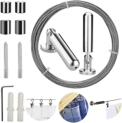 Produktbild von Raamgardenausrüstungset aus Edelstahl - 5 Meter - mit Fotoaufhängesystem und Waschleinehalter