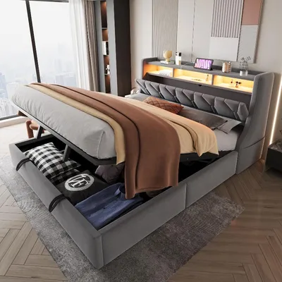 Obrázek produktu pro Postel s čalouněnou konstrukcí, rozměry 180x200 cm, hydraulický úložný prostor, sklopná opěrka hlavy, LED osvětlení, zásuvka USB a typu C, potah z veluru, barva šedá