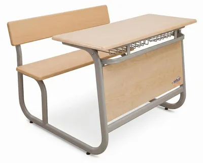 Produktbild von Moderne Schulbank mit stabilem Metallgestell und integriertem Korb