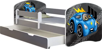A child's bed with a car theme, featuring a pull-out drawer.