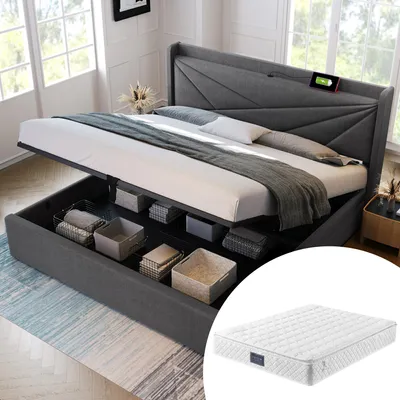 Image de MODFU Lit coffre 160 x 200 cm – USB + Type-C – Matelas inclus – Gris