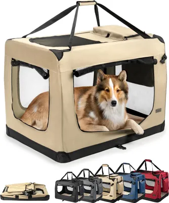 A dog is inside a beige fabric dog crate. Below the crate are smaller images of the crate in different colors and folded.