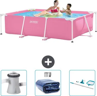 Productafbeelding van Rechthoekige zwembad - 220 x 150 x 60 cm - Roze - Inclusief: zwembadfilterpomp, zonnescherm, reinigingsset