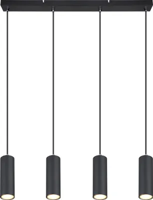 A modern, minimalist pendant light fixture with four cylindrical black shades hanging from a black rectangular bar.