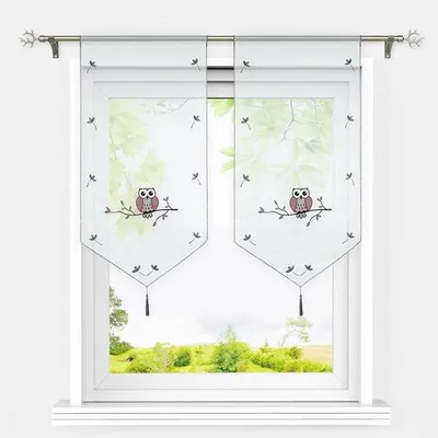 Productafbeelding van Ibenzoa® Transparante, geborduurde voile gordijnen met een uilenmotief en franjes, set van 2, korte gordijnen, 40 x 90 cm, 100% polyester, voor ramen