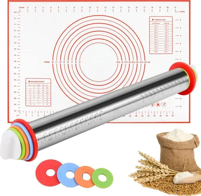 Obrázek produktu pro Nerezový váleček na těsto s podložkou na pečení, váleček na těsto s odnímatelnými kroužky ve 4 velikostech, na dorty/koláče/sušenky/pizzu, červený