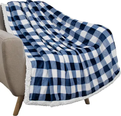 Produktbild von Buffalo Plaid Sherpa-Decke | Flauschige, weiß-marineblau karierte Flanell-Fleecedecke für Couch und Bett | Plüschige, warme, weiche Mikrofaserdecke | 50 x 60
