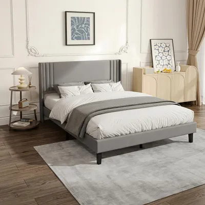 Zdjęcie produktu dla Łóżko tapicerowane INONEFT, 140 x 200 cm, podwójne, z tapicerowanym zagłówkiem, rama łóżka z listwami, bez materaca, tkanina lniana, kolor: szary