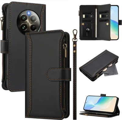 Image de Étui pour Realme 13 4G/Realme 12 4G, zippé, portefeuille étui à rabat en cuirPolyuréthaneavec poches pour cartes, support et boucle pour la main noir