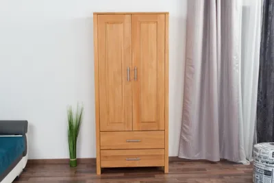Produktbild von 90 cm breiter Kleiderschrank mit 2 Türen, 4 Fächern und 2 Schubladen aus Massiv-Holz | Farbe: Natur | Tiefe: 40 cm