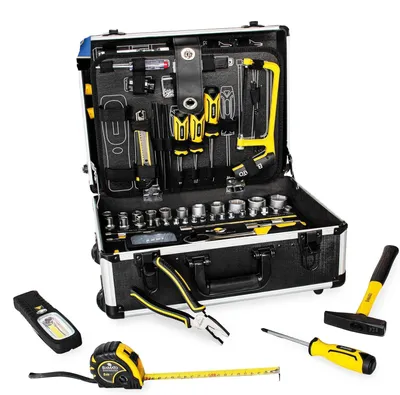 Image de WORK-193 : Coffret d'outils, rempli, ensemble d'outils de 193 pièces, sur roulettes, comprenant des outils pour l'atelier et la maison, avec manche télescopique