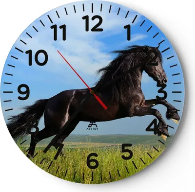 Produktbild von Wanduhr - Rund - Glasuhr - Schwarzes Pferd Pferd Galopp - 30x30cm - Schleichendes Uhrwerk - Lautlos - zum Aufhängen bereit - Dekoration Modern - Wanddekoration aus Glas - C4AR30x30-0495