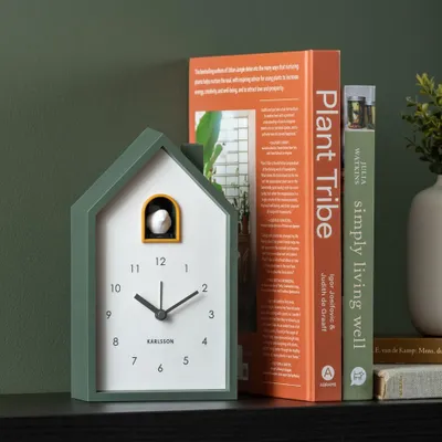 A cuckoo clock and books on a shelf.