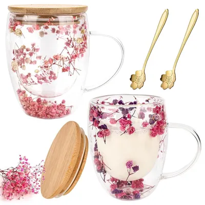 Produktbild von 2er Set Doppelwandige Latte Macchiato Gläser 350ml mit Löffel & Deckel, Borosilikatglas, mit Trockenblumen Rosa/Rot