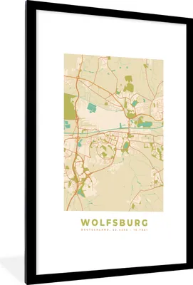 Produktbild von MuchoWow® Gerahmtes Poster Wolfsburg - Vintage - Karte - Stadtplan 60x90 cm - Poster mit Schwarzem Bilderrahmen Wandposter Rahmen Foto Bilder - Dekoration - Wandposter Wohnzimmer - Hochwertig