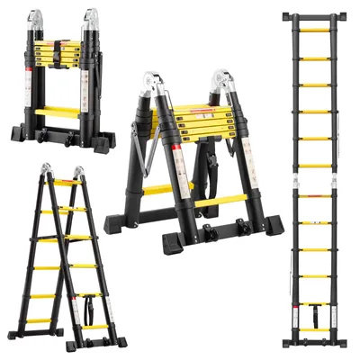 Image de TEENO Échelle alu 3,8 m (1,9+1,9), escabeau polyvalent, antidérapant, 2 roues amovibles, stabilisateurs triangulaires, barre stabilisatrice, EN131, no