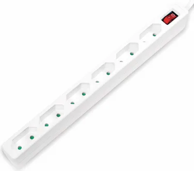 A white power strip with six outlets and a red on/off switch is shown against a white background.
