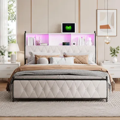 Obrázok produktu pre INONEFT Posteľ s úložným priestorom 180x200 cm, s 4 zásuvkami, čalúnená posteľ s LED osvetlením, USB portom a portom typu C, posteľ pre mládež s roštom, v béžovej farbe