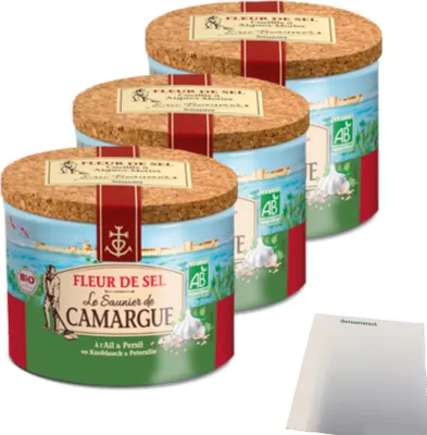 Produktbild von Le Saunier de Camargue Fleur de Sel Knoblauch Petersilie 3er Pack (3x125g Dose) + usy Block