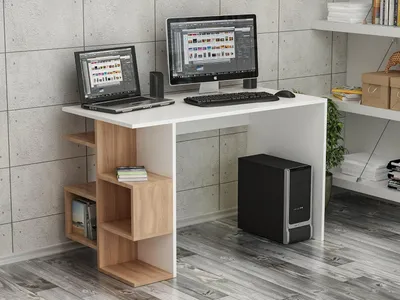 Produktbild von Homidea FIRMUM Schreibtisch - Computertisch - Bürotisch mit Regal Element (Weiß - Nussbaum)