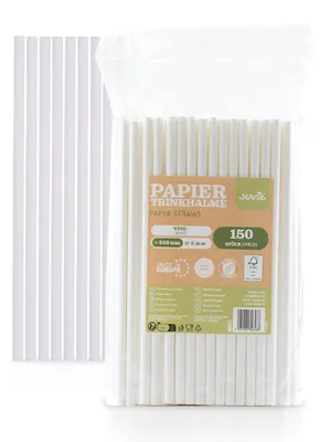 Produktbild von Trinkhalme in weiß aus Papier, Ø 8 mm / 23 cm, 150 Stück verpackt im Folienbeutel - Mank