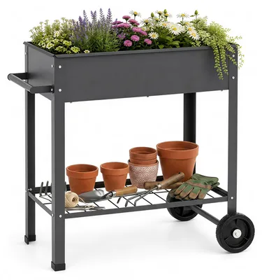 Produktbild von COSTWAY Hochbeet Metall, erhöhtes Gartenbeet mit Rollen, Ablage, Griff & Ablauflöchern, Kräuterbeet, Gemüsebeet, Pflanzkasten Blumenkübel, 88x37x80cm