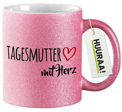 Produktbild von Huuraa Glitzertasse Tagesmutter mit Herz 330ml Pink Keramik Kaffeebecher Geschenkidee