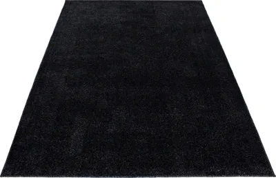 A black rectangular rug is shown from a slightly elevated angle on a white background.