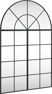A black arched window mirror with multiple panes.