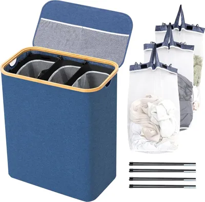 Produktbild von Wäschekorb 3 Fächer - Wäschesortierer - Mit herausnehmbaren Taschen – Wäschekorb – Wäschesortierer mit Deckel – Faltbar - Wäschebox