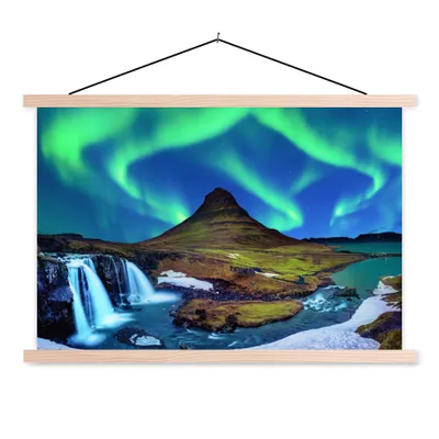 Produktbild von MuchoWow® Textilposter Nordlicht - Sternenhimmel - Island - Berg - Grün - Wasserfall - See 60x40 cm mit holzfarbenen Rahmen - Bilder