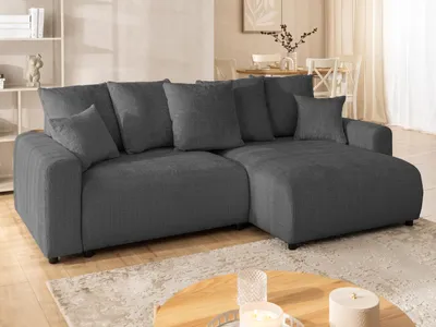 Produktbild von Calma - Komfortables Ecksofa im Bumpy-Design mit Schlaffunktion und Bettkasten aus weichem Grau Chenille-Stoff