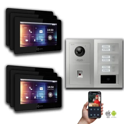 Produktbild von Goliath 2-Draht BUS Video Türsprechanlage: 6 Familienhaus, Fingerprint, RFID, Silber : Unterputzdose : 7 Zoll in Schwarz Monitor Auswahl: 7 Zoll in Schwarz Türklingel Montagedose: Unterputzdose