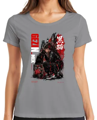 Zdjęcie produktu dla Koszulka damska GEZI URBAN, styl anime, motyw czarnej kotki, Y2K, japońska moda uliczna, dla fanek anime, kolor: szary, rozmiar: XXL