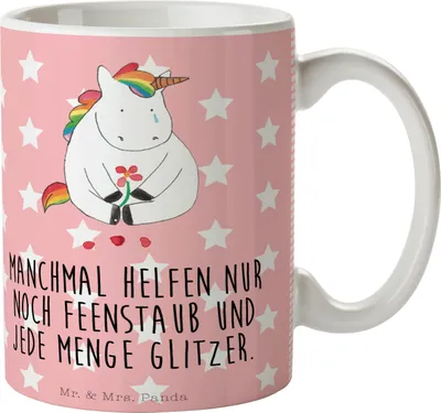 Produktbild von Mr. & Mrs. Panda Tasse Einhorn Traurig - Rot Pastell - Geschenk, Pott, Kaffeetasse, Einhörner, Kaffeebecher, Dekotasse, Freunde, Unicorn, Blume, Trauer, Teetasse, Liebe
