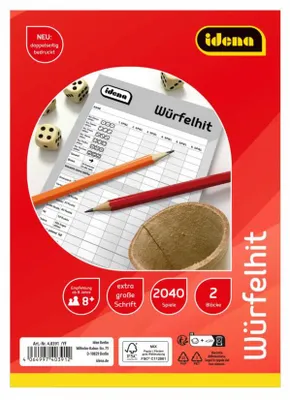 Produktbild von Idena - Würfelhit, 2 Spielblöcke mit je 85 Blatt für 1020 Spiele, Spielblock mit großer Schrift, Würfelspiel in der Größe ca. 15 x 21 cm, Weiß