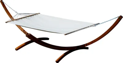 Produktbild von ALEOS. 400cm XXL Hängemattengestell Gestell aus Holz Lärche dunkelbraun mit Stab Hängematte Creme 120x200 cm
