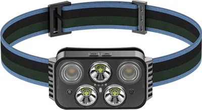A headlamp with a multi-LED front and an adjustable strap.