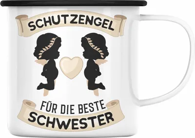 Produktbild von Trendation - Schutzengel Schwester Emaille Tasse Geschenk für Schwester Geschenkidee Beste Schwester Geburtstag (Schwarz)