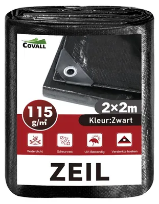 Immagine prodotto di Telo impermeabile, dimensioni 2x2 metri, 115 g/m², colore nero, resistente ai raggi UV e agli strappi, con occhielli metallici