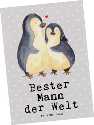 Produktbild von Mr. & Mrs. Panda Postkarte Pinguin Bester Mann der Welt - Grau Pastell - Geschenk, Geschenkidee, Fotokarte, Beste, Ansichtskarten, Bräutigam, Postkarten, Traummann