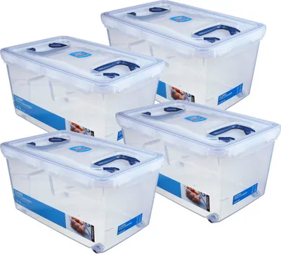 A group of four clear plastic storage containers with blue lids and handles are arranged on a white background.