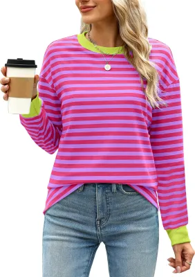 Image de ASKSA T-shirt femme col rond manches longues T-shirts rayés Basic Elegant Casual Lose Tunique femme Hauts (Rose,XL)