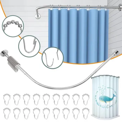Image de Barre de douche en forme de L - Barre de rideau réglable - Acier inoxydable - Installation sans perçage - Pour salle de bain et baignoire