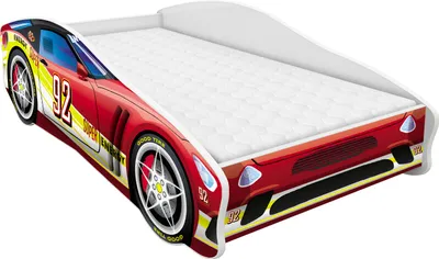 A children's bed designed to look like a race car.