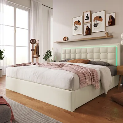 Produktbild von Flieks Polsterbett 160x200cm mit Lattenrost und Stauraum, Boxspringbett mit Led Bettgestell, Doppelbett Stauraumbett Funktionsbett Kunstleder, Weiß