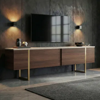 Produktbild von Skye Decor, Hochwertiger TV-Ständer, 100% Melamin, Travertin & Walnuss, 180 cm