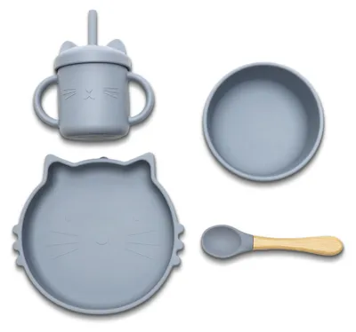Produktbild von Lorelli Silicone Feeding Set 4 pc Silikon Fütterungsset mit Saugnapf Schüssel Teller Becher mit Strohhalm Löffel ab 6+ Monaten