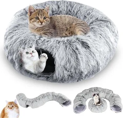 Produktbild von XXL Katzentunnel mit Schlafplatz und Bett für große Katzen, Weichgrau, mit zwei Eingängen, Hängekugeln, Katzen-Donut Katzentunnel für Bin